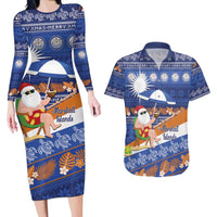 Marshall Islands Christmas Couples Matching Long Sleeve Bodycon Dress and Hawaiian Shirt Beachy Santa Monono ilo raaneoan Nejin LT14 Blue - Polynesian Pride