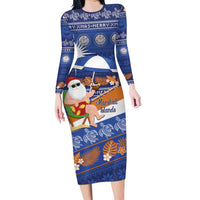 Marshall Islands Christmas Family Matching Long Sleeve Bodycon Dress and Hawaiian Shirt Beachy Santa Monono ilo raaneoan Nejin LT14 Mom's Dress Blue - Polynesian Pride