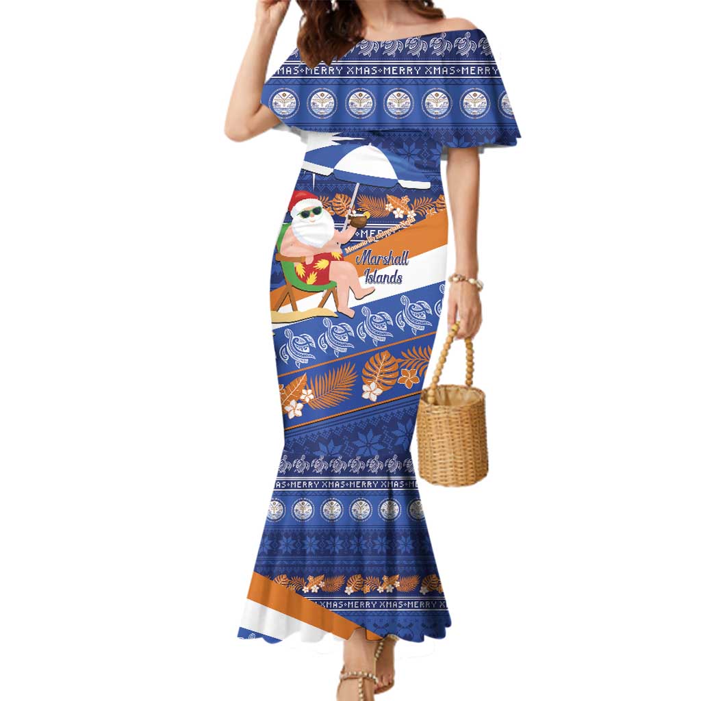 Marshall Islands Christmas Family Matching Mermaid Dress and Hawaiian Shirt Beachy Santa Monono ilo raaneoan Nejin LT14 Mom's Dress Blue - Polynesian Pride