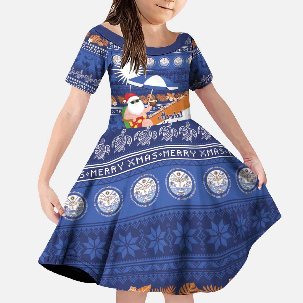 Marshall Islands Christmas Family Matching Off Shoulder Maxi Dress and Hawaiian Shirt Beachy Santa Monono ilo raaneoan Nejin LT14 Daughter's Dress Blue - Polynesian Pride