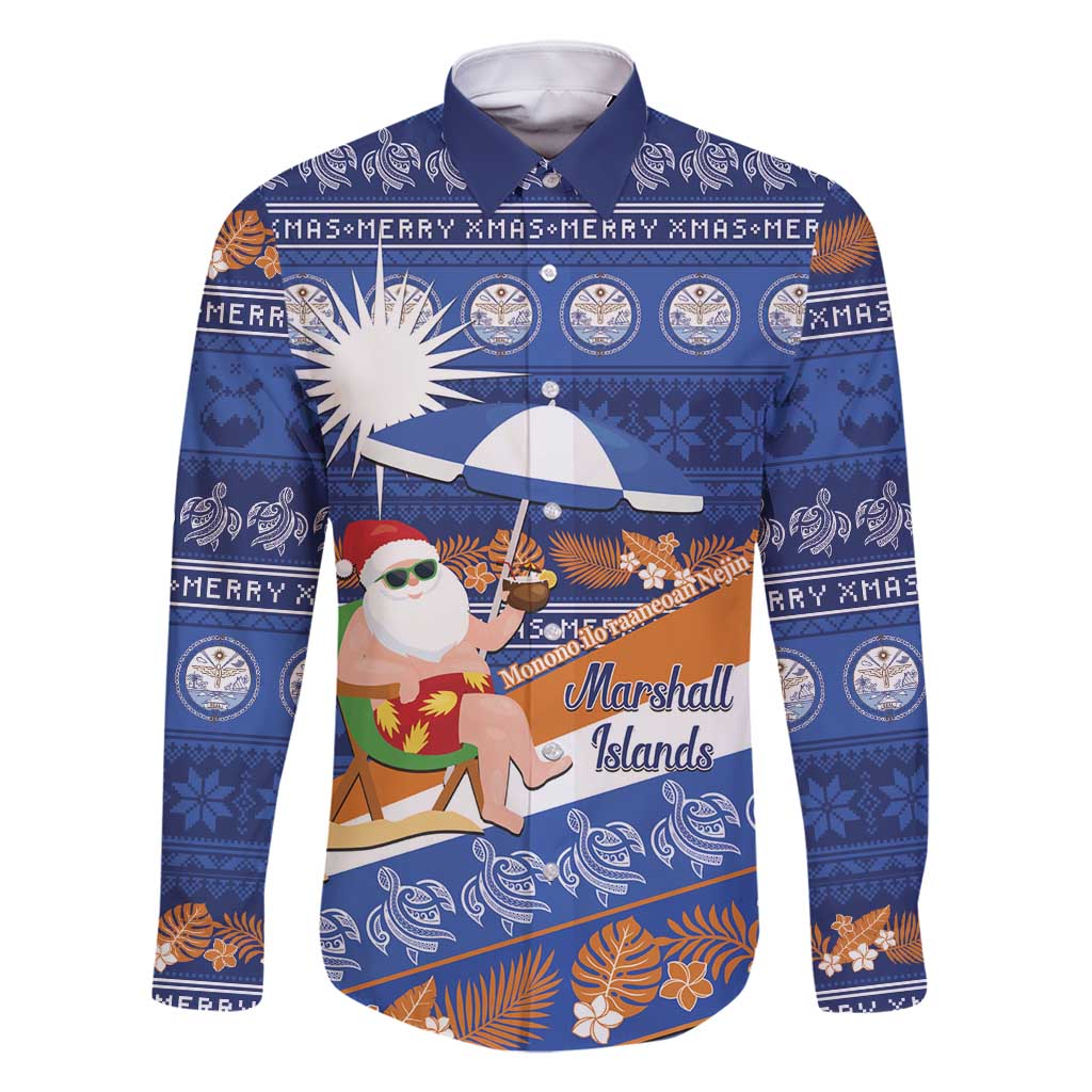 Marshall Islands Christmas Family Matching Off Shoulder Maxi Dress and Hawaiian Shirt Beachy Santa Monono ilo raaneoan Nejin LT14 Dad's Shirt - Long Sleeve Blue - Polynesian Pride