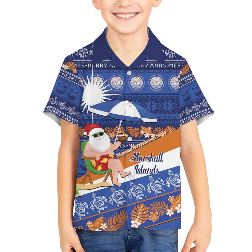 Marshall Islands Christmas Family Matching Off Shoulder Maxi Dress and Hawaiian Shirt Beachy Santa Monono ilo raaneoan Nejin LT14 Son's Shirt Blue - Polynesian Pride