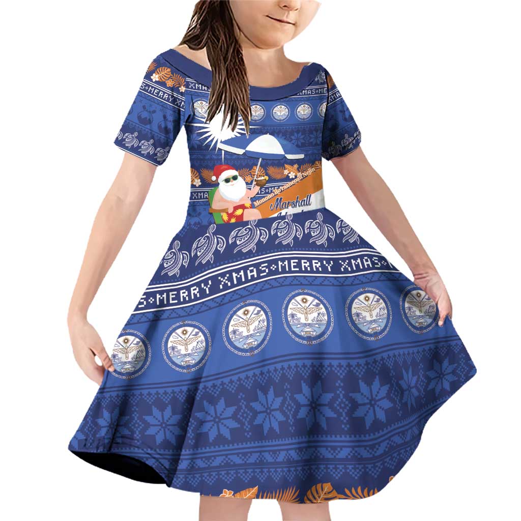 Marshall Islands Christmas Family Matching Off Shoulder Short Dress and Hawaiian Shirt Beachy Santa Monono ilo raaneoan Nejin LT14 Daughter's Dress Blue - Polynesian Pride