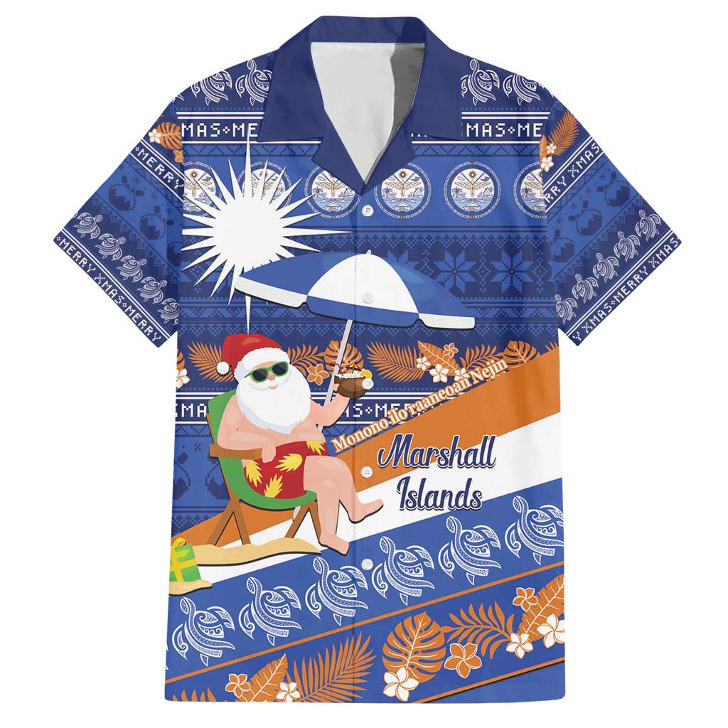 Marshall Islands Christmas Family Matching Off Shoulder Short Dress and Hawaiian Shirt Beachy Santa Monono ilo raaneoan Nejin LT14 Dad's Shirt - Short Sleeve Blue - Polynesian Pride