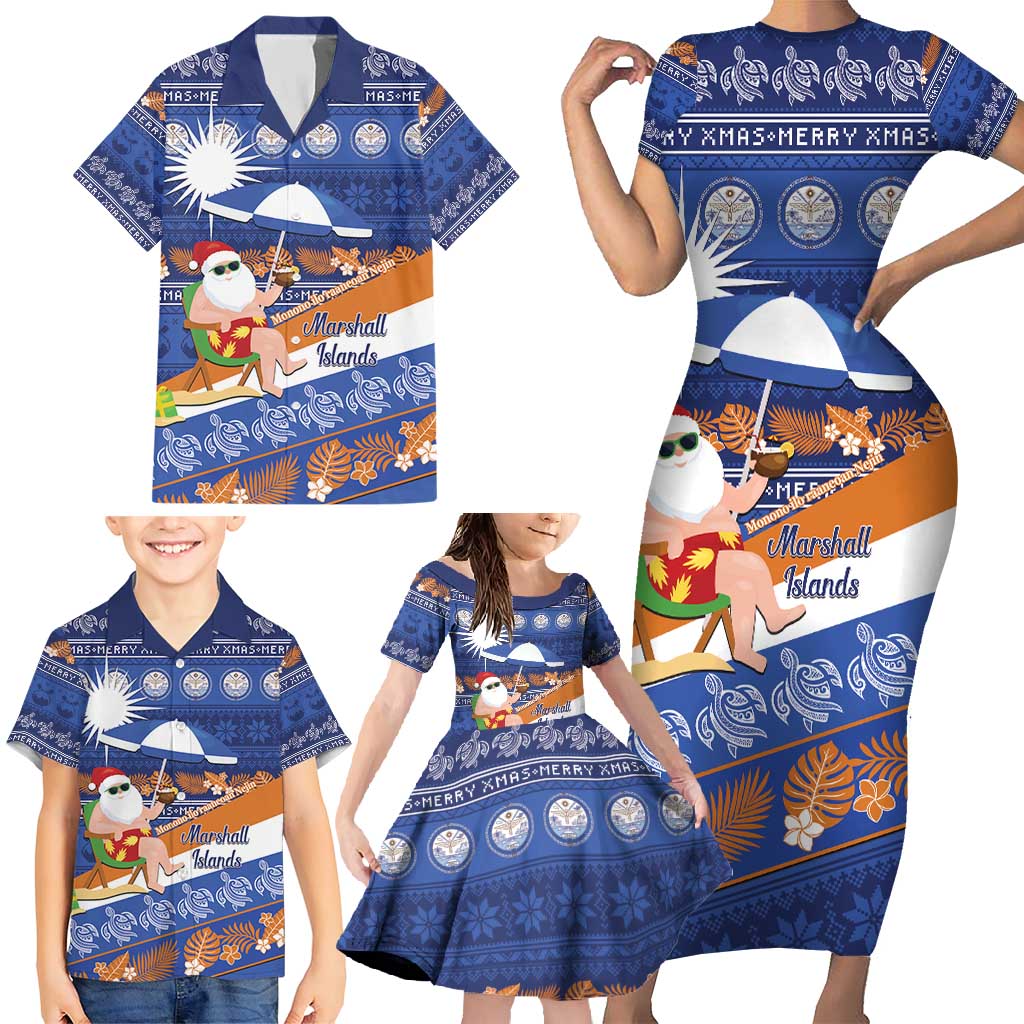 Marshall Islands Christmas Family Matching Short Sleeve Bodycon Dress and Hawaiian Shirt Beachy Santa Monono ilo raaneoan Nejin LT14 - Polynesian Pride
