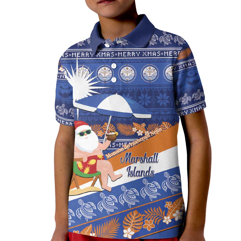 Marshall Islands Christmas Kid Polo Shirt Beachy Santa Monono ilo raaneoan Nejin LT14 Kid Blue - Polynesian Pride