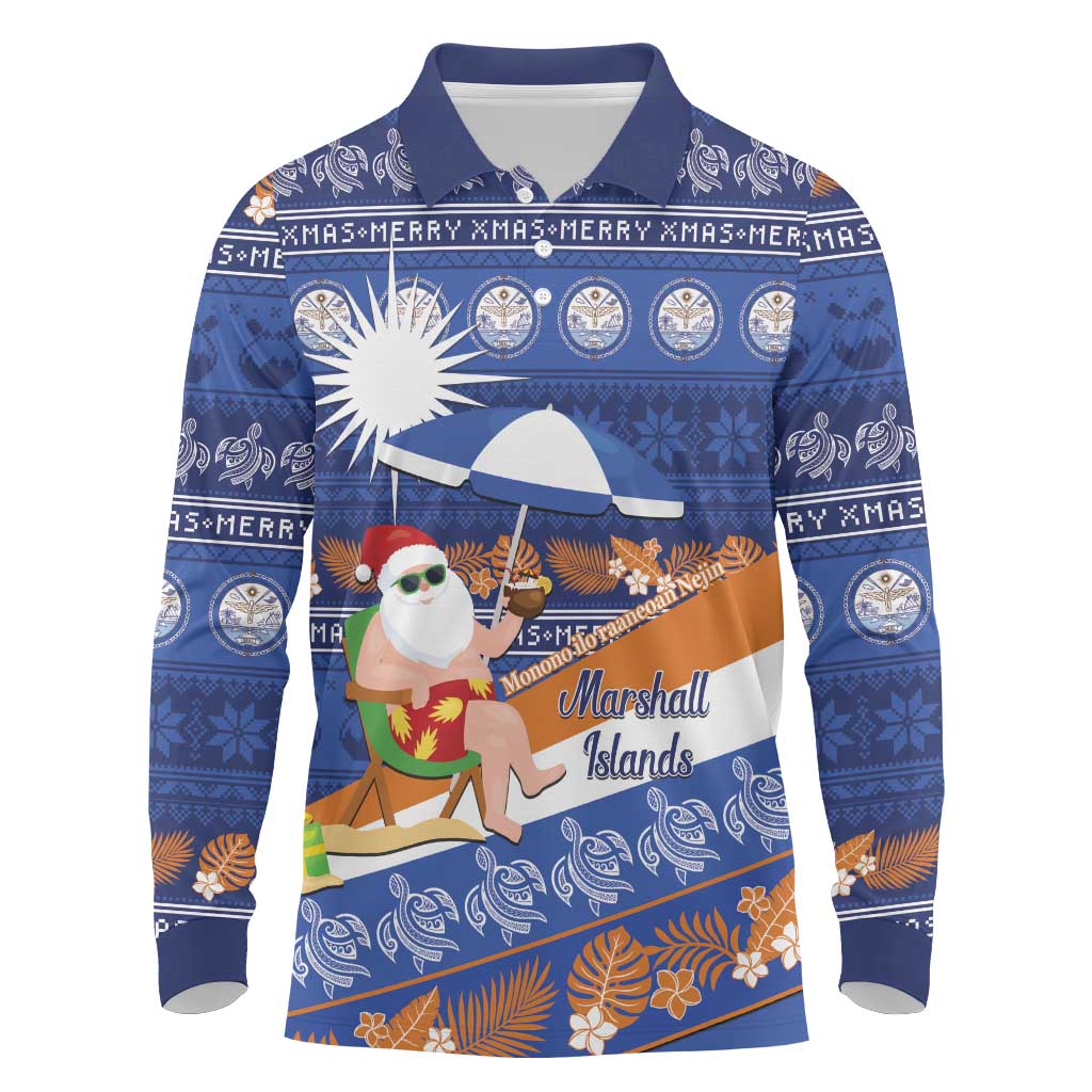 Marshall Islands Christmas Long Sleeve Polo Shirt Beachy Santa Monono ilo raaneoan Nejin LT14 Blue - Polynesian Pride