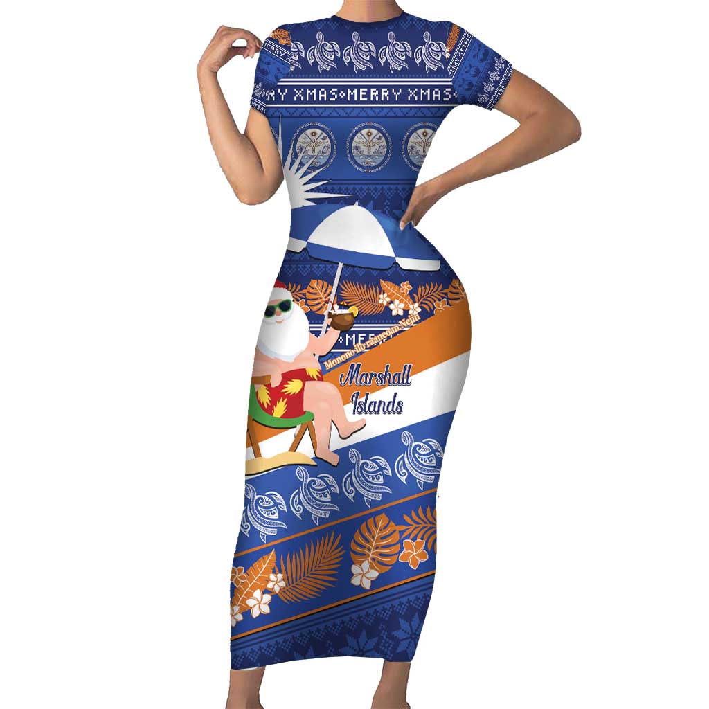 Marshall Islands Christmas Short Sleeve Bodycon Dress Beachy Santa Monono ilo raaneoan Nejin LT14 Long Dress Blue - Polynesian Pride