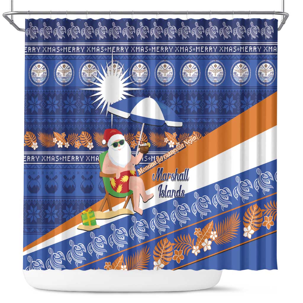 Marshall Islands Christmas Shower Curtain Beachy Santa Monono ilo raaneoan Nejin LT14 Blue - Polynesian Pride