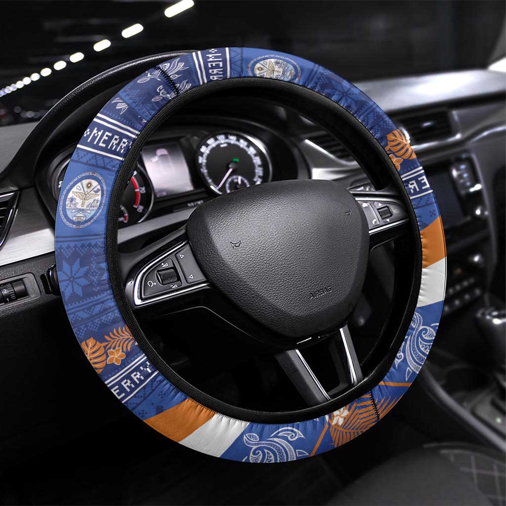 Marshall Islands Christmas Steering Wheel Cover Beachy Santa Monono ilo raaneoan Nejin LT14 Universal Fit Blue - Polynesian Pride