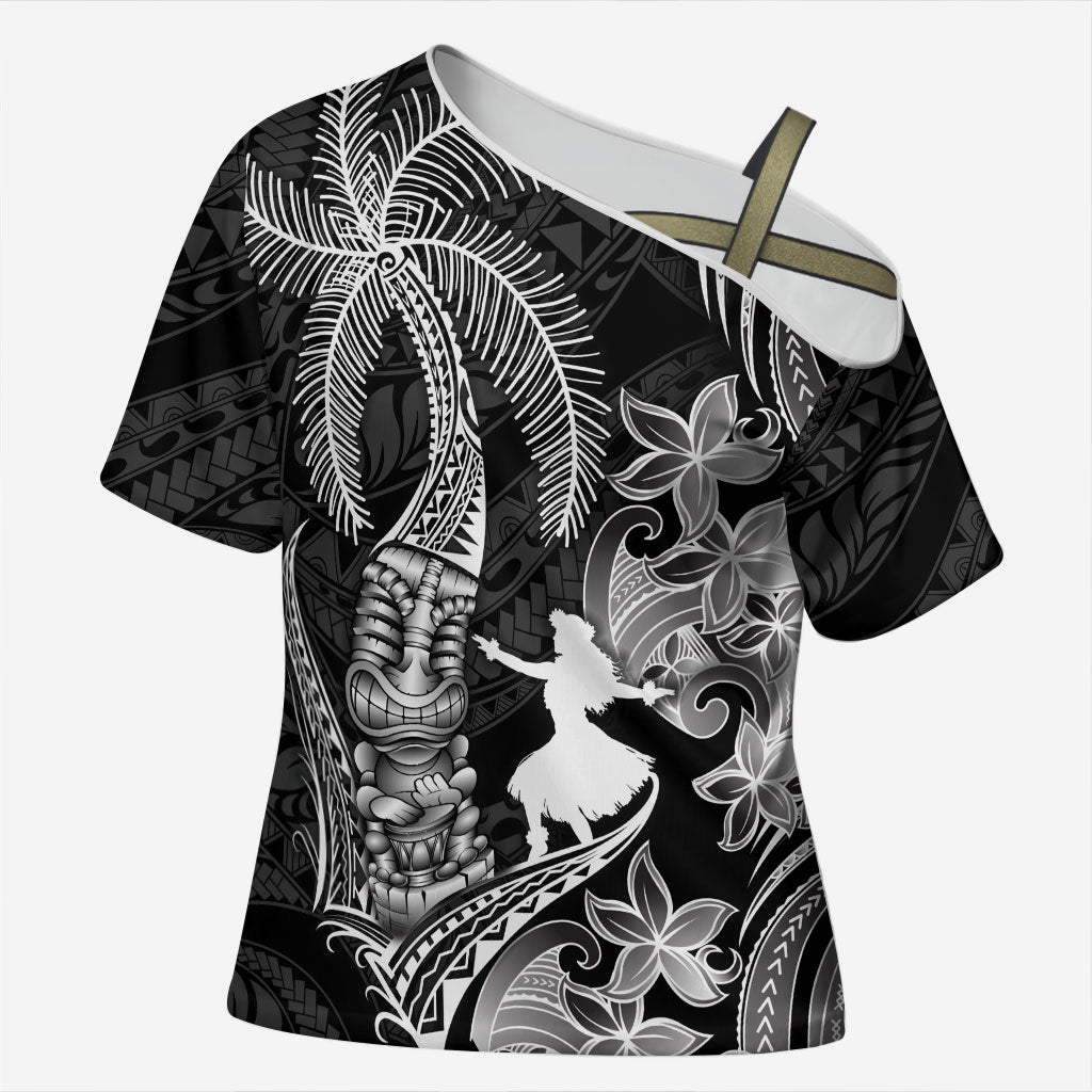 Hawaii Tribal Tiki Drum Hula Girl Cross Shoulder Shirt LT14 Female Black - Polynesian Pride