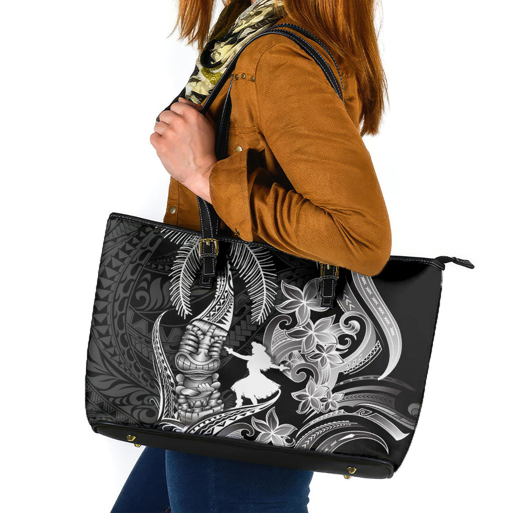 Hawaii Tribal Tiki Drum Hula Girl Leather Tote Bag LT14 Black - Polynesian Pride