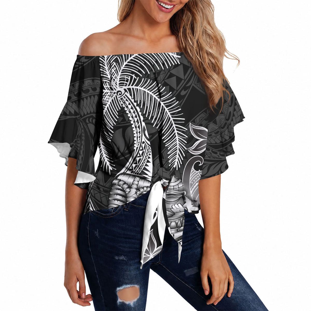 Hawaii Tribal Tiki Drum Hula Girl Off Shoulder Wrap Waist Top LT14 Black - Polynesian Pride