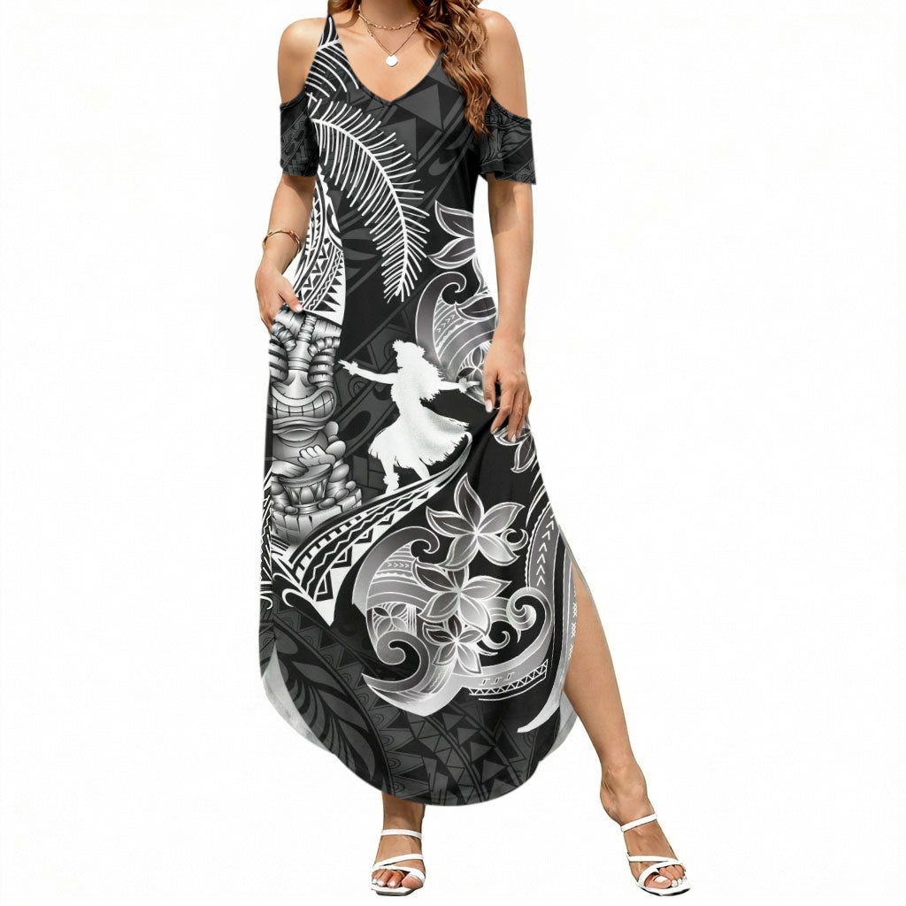 Hawaii Tribal Tiki Drum Hula Girl Summer Maxi Dress LT14 Women Black - Polynesian Pride