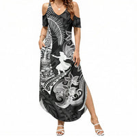 Hawaii Tribal Tiki Drum Hula Girl Summer Maxi Dress LT14 Women Black - Polynesian Pride