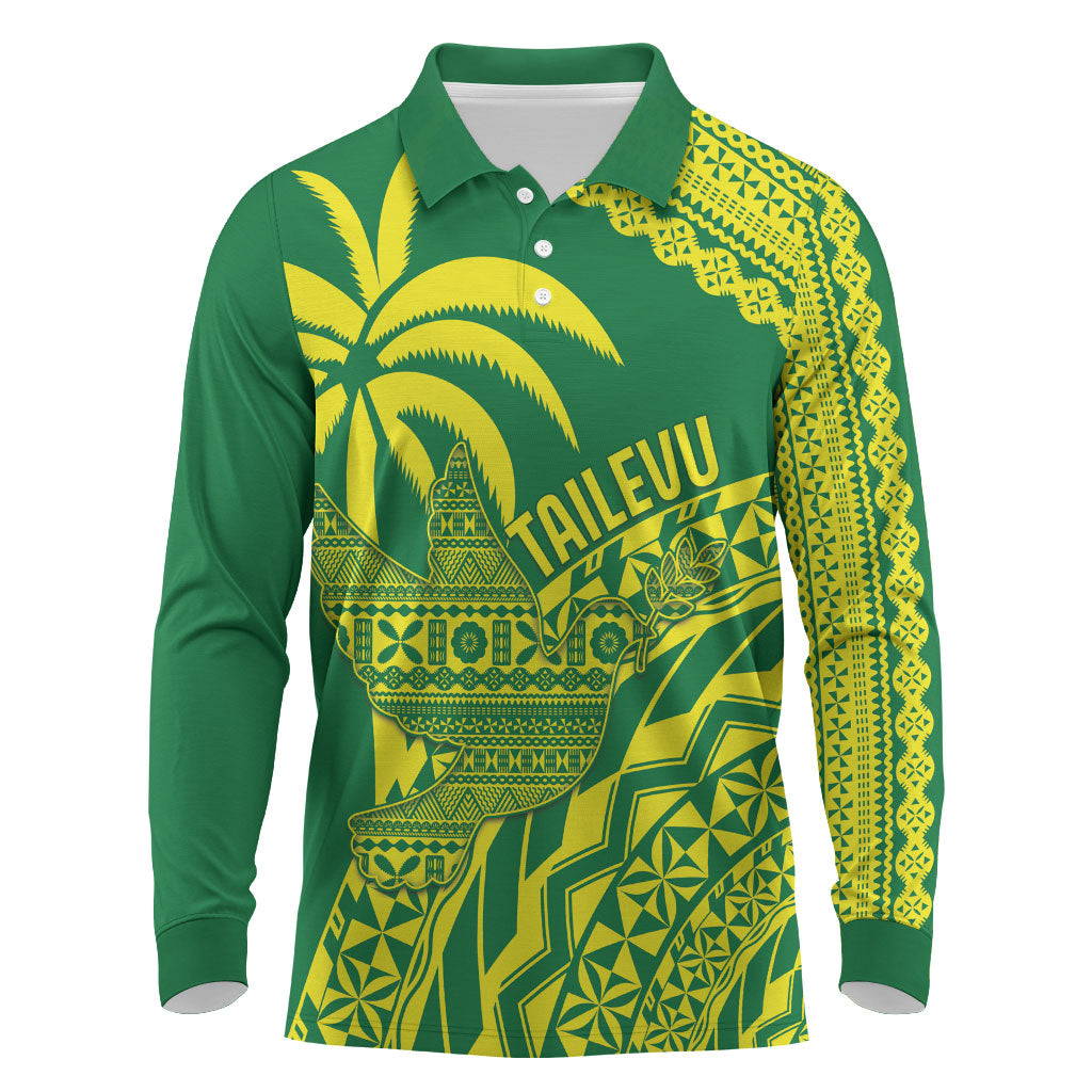 Tailevu Fiji 2026 Rugby Custom Long Sleeve Polo Shirt Dove Nation Fijian Tapa Pattern LT14 Green - Polynesian Pride