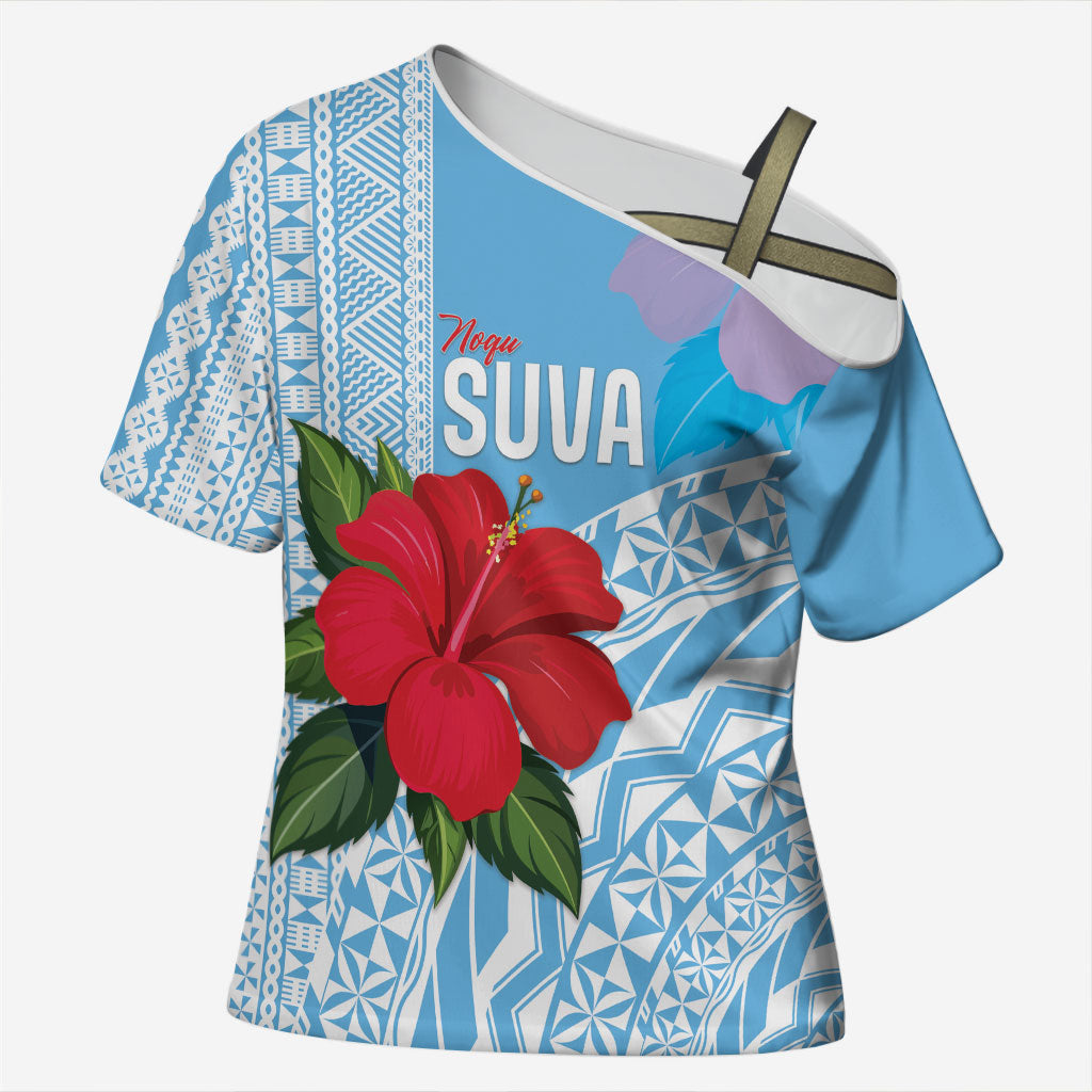 Suva Fiji 2026 Rugby Custom Cross Shoulder Shirt Hibiscus Fijian Tapa Pattern LT14 Female Blue - Polynesian Pride