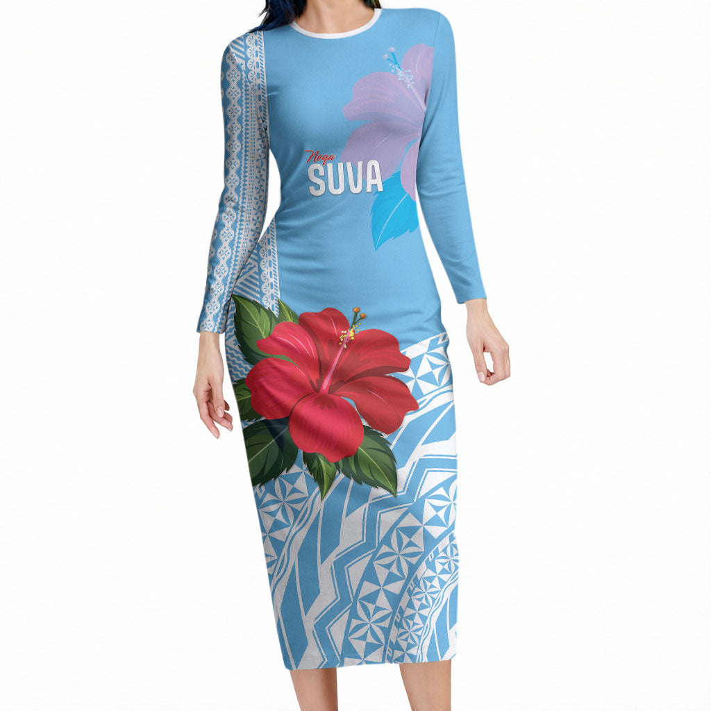 Suva Fiji 2026 Rugby Custom Long Sleeve Bodycon Dress Hibiscus Fijian Tapa Pattern LT14 Long Dress Blue - Polynesian Pride
