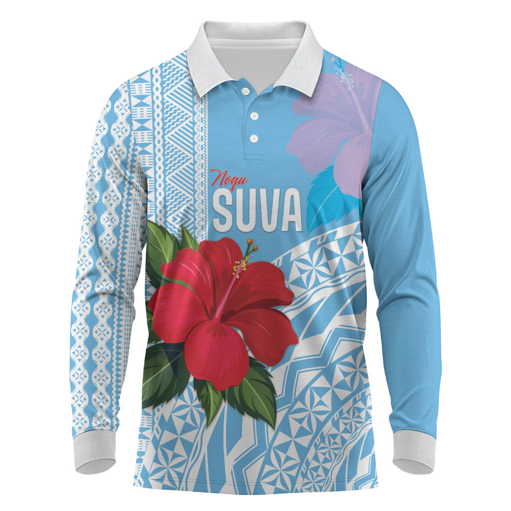 Suva Fiji 2026 Rugby Custom Long Sleeve Polo Shirt Hibiscus Fijian Tapa Pattern LT14 Blue - Polynesian Pride