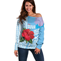 Suva Fiji 2026 Rugby Custom Off Shoulder Sweater Hibiscus Fijian Tapa Pattern LT14 Women Blue - Polynesian Pride
