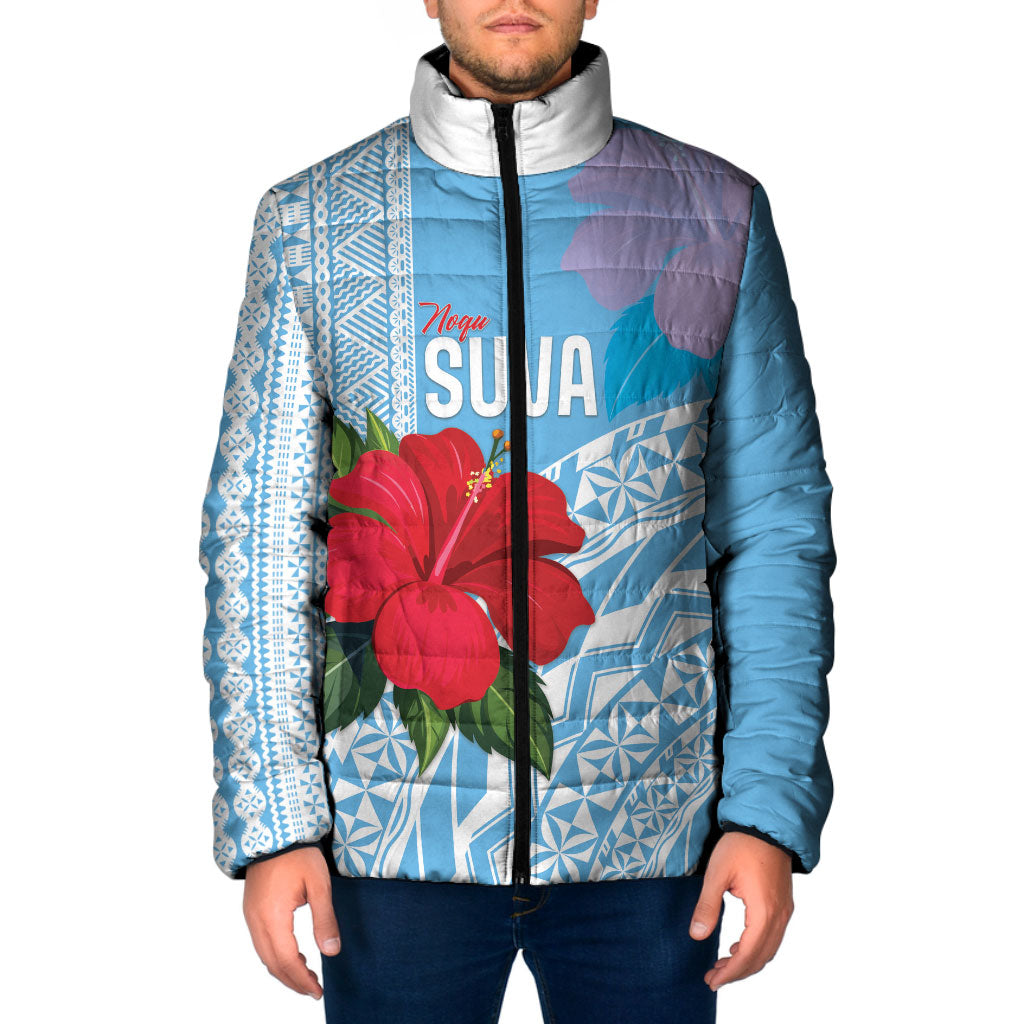 Suva Fiji 2026 Rugby Custom Padded Jacket Hibiscus Fijian Tapa Pattern LT14 Men Blue - Polynesian Pride