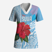 Suva Fiji 2026 Rugby Custom Scrub Top Hibiscus Fijian Tapa Pattern LT14 Adult Blue - Polynesian Pride
