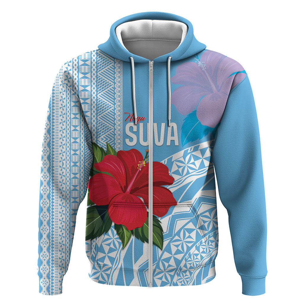 Suva Fiji 2026 Rugby Custom Zip Hoodie Hibiscus Fijian Tapa Pattern LT14 Zip Hoodie Blue - Polynesian Pride