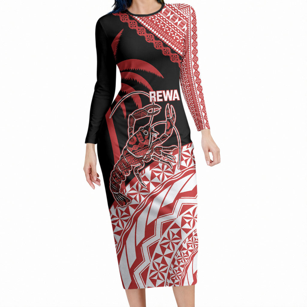 Rewa Fiji 2026 Rugby Custom Long Sleeve Bodycon Dress Ura Prawn Fijian Tapa Pattern LT14 Long Dress Red - Polynesian Pride
