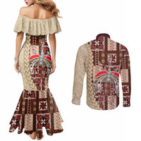 Samoa Tapau Couples Matching Mermaid Dress and Long Sleeve Button Shirt Samoan Siapo Pattern LT14 - Polynesian Pride