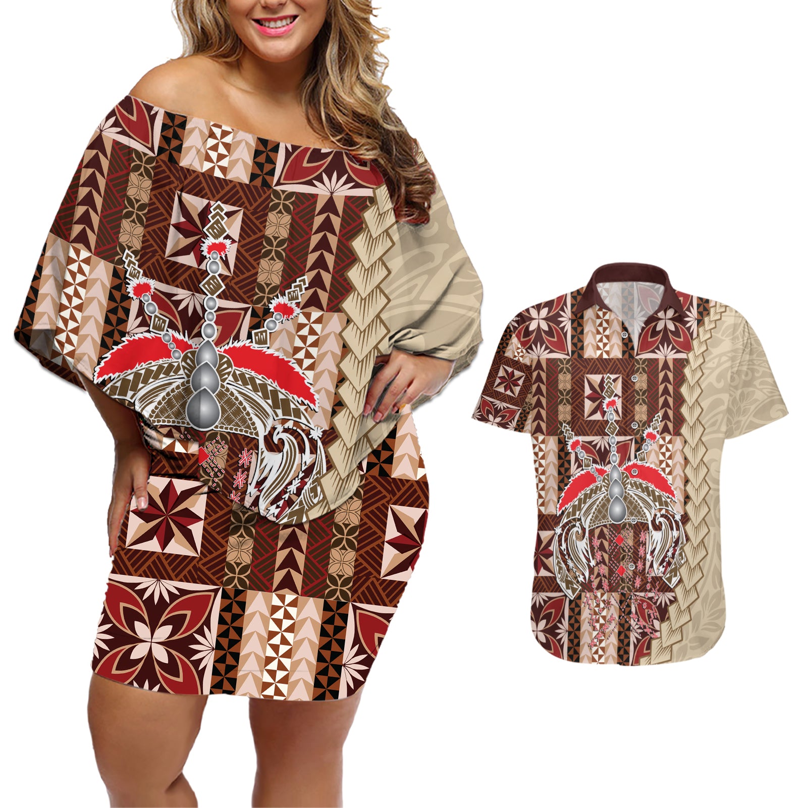Samoa Tapau Couples Matching Off Shoulder Short Dress and Hawaiian Shirt Samoan Siapo Pattern LT14 Brown - Polynesian Pride
