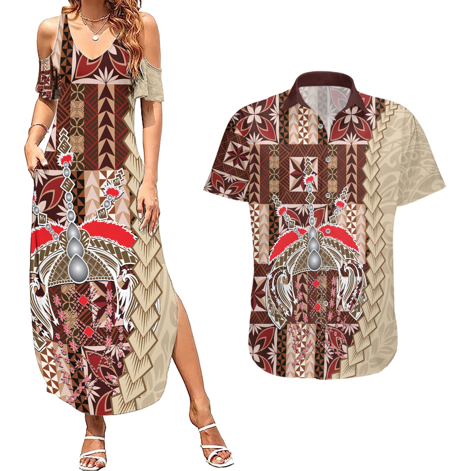 Samoa Tapau Couples Matching Summer Maxi Dress and Hawaiian Shirt Samoan Siapo Pattern LT14 Brown - Polynesian Pride