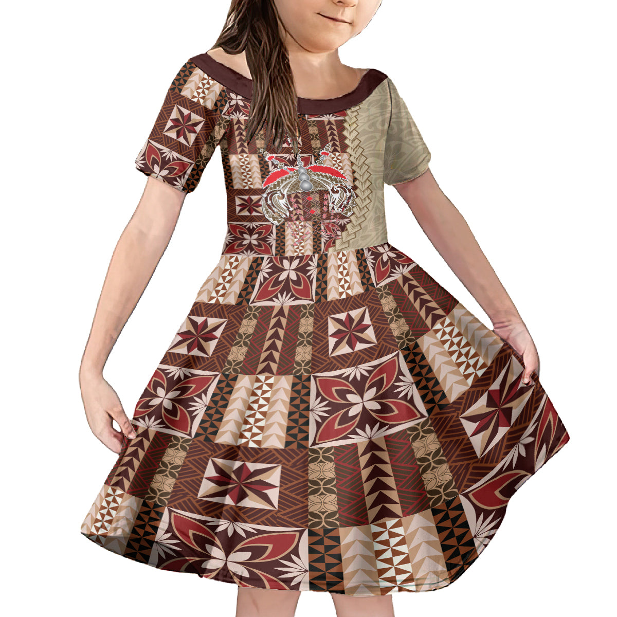 Samoa Tapau Family Matching Long Sleeve Bodycon Dress and Hawaiian Shirt Samoan Siapo Pattern LT14 Daughter's Dress Brown - Polynesian Pride