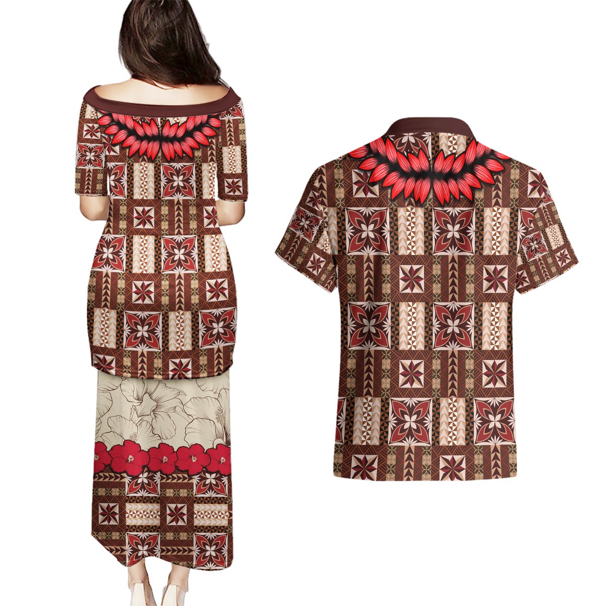 Samoa Siapo Couples Matching Puletasi Dress and Hawaiian Shirt Tapa Pattern Mix Ula Fala Hibiscus LT14 - Polynesian Pride