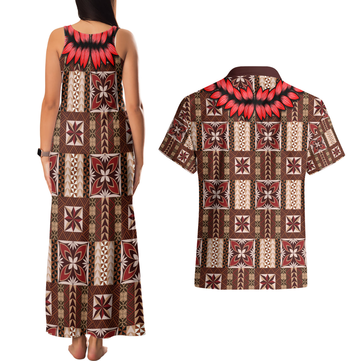 Samoa Siapo Couples Matching Tank Maxi Dress and Hawaiian Shirt Tapa Pattern Mix Ula Fala Hibiscus LT14 - Polynesian Pride