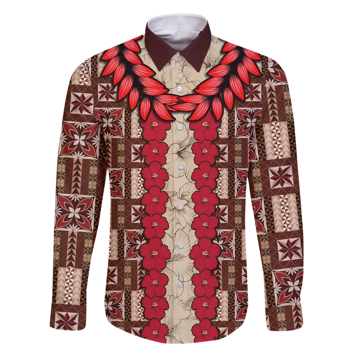 Samoa Siapo Family Matching Summer Maxi Dress and Hawaiian Shirt Tapa Pattern Mix Ula Fala Hibiscus LT14 Dad's Shirt - Long Sleeve Brown - Polynesian Pride