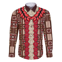 Samoa Siapo Family Matching Summer Maxi Dress and Hawaiian Shirt Tapa Pattern Mix Ula Fala Hibiscus LT14 Dad's Shirt - Long Sleeve Brown - Polynesian Pride