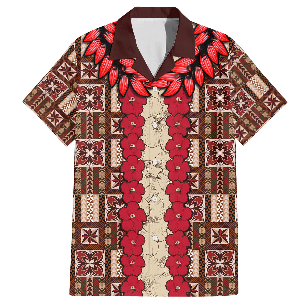 Samoa Siapo Family Matching Tank Maxi Dress and Hawaiian Shirt Tapa Pattern Mix Ula Fala Hibiscus LT14 Dad's Shirt - Short Sleeve Brown - Polynesian Pride