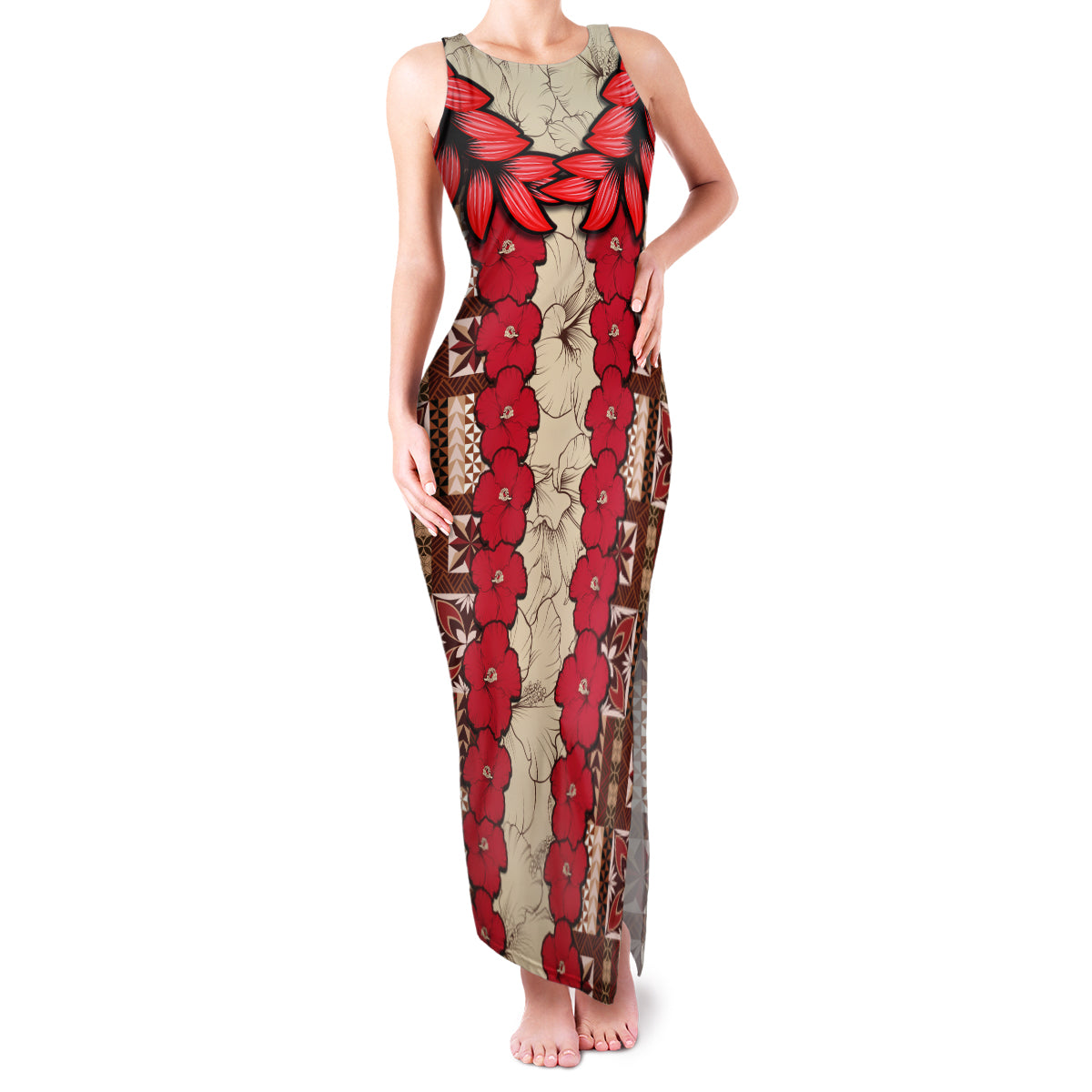 Samoa Siapo Family Matching Tank Maxi Dress and Hawaiian Shirt Tapa Pattern Mix Ula Fala Hibiscus LT14 Mom's Dress Brown - Polynesian Pride
