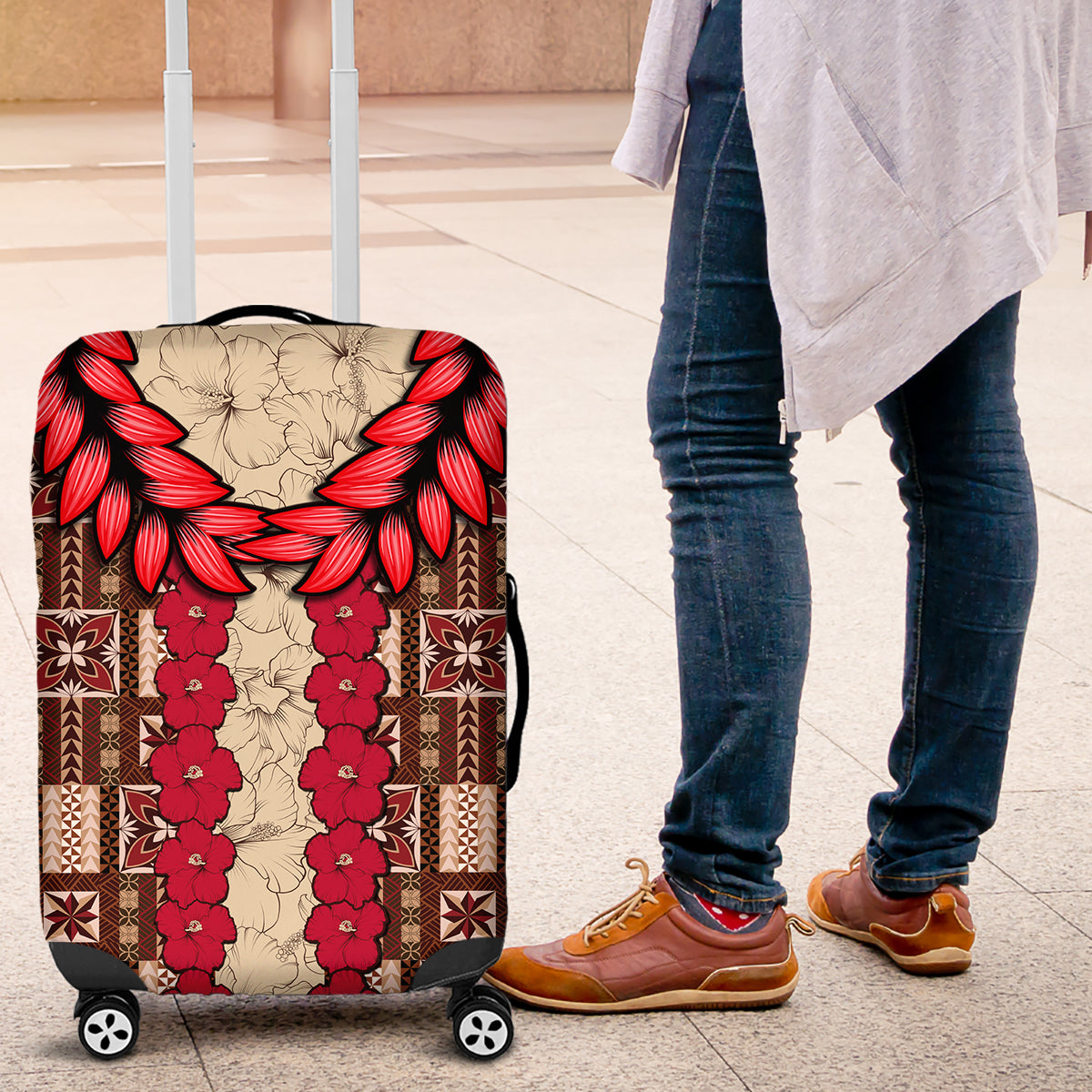 Samoa Siapo Luggage Cover Tapa Pattern Mix Ula Fala Hibiscus LT14 Brown - Polynesian Pride