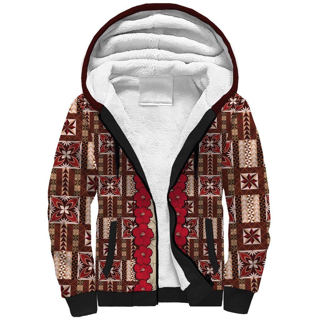 Samoa Siapo Sherpa Hoodie Tapa Pattern Mix Ula Fala Hibiscus LT14 Unisex Brown - Polynesian Pride