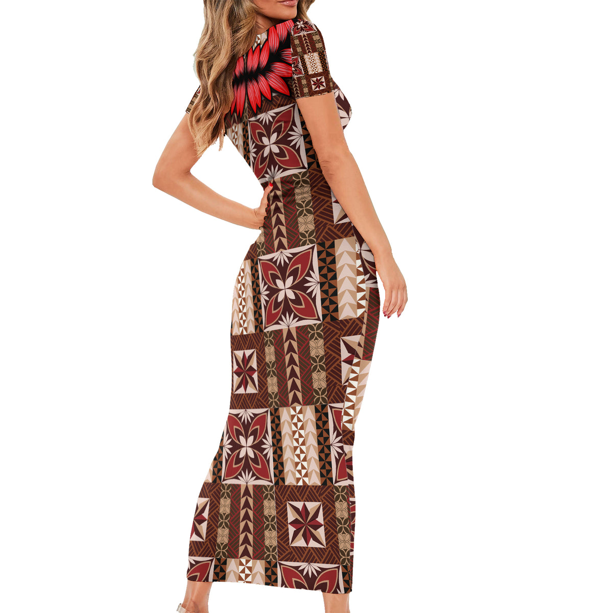 Samoa Siapo Short Sleeve Bodycon Dress Tapa Pattern Mix Ula Fala Hibiscus LT14 - Polynesian Pride