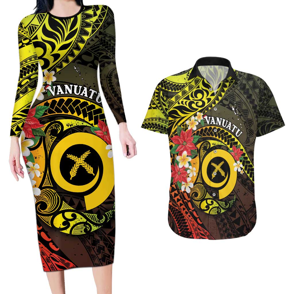 Vanuatu Christmas Couples Matching Long Sleeve Bodycon Dress and Hawaiian Shirt Vanuatuan Pig Tusk - Meri Krismas! LT14 Black - Polynesian Pride