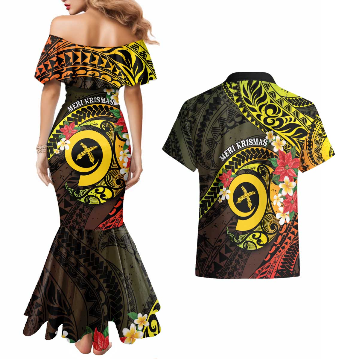 Vanuatu Christmas Couples Matching Mermaid Dress and Hawaiian Shirt Vanuatuan Pig Tusk - Meri Krismas! LT14 - Polynesian Pride