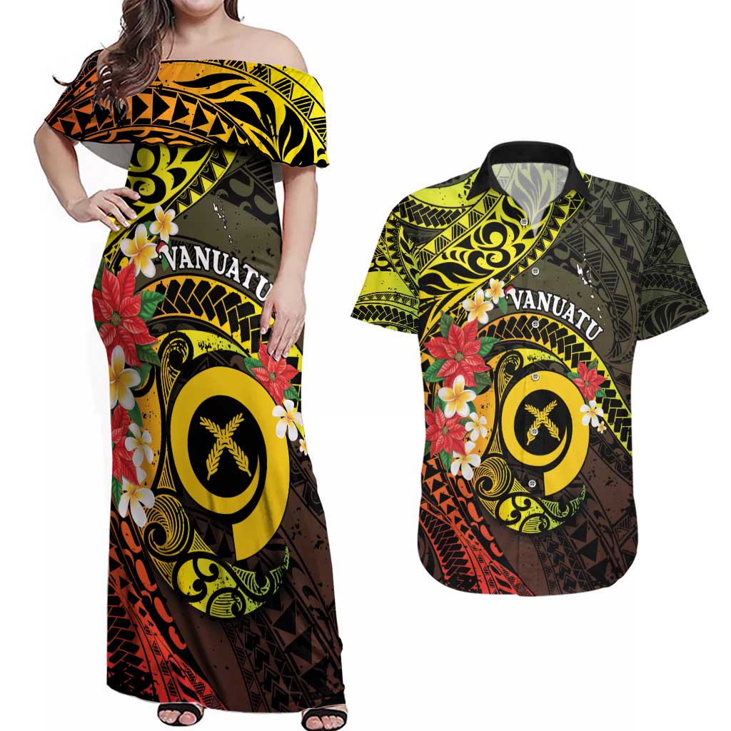 Vanuatu Christmas Couples Matching Off Shoulder Maxi Dress and Hawaiian Shirt Vanuatuan Pig Tusk - Meri Krismas! LT14 Black - Polynesian Pride