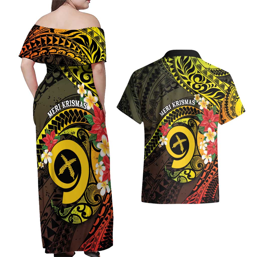 Vanuatu Christmas Couples Matching Off Shoulder Maxi Dress and Hawaiian Shirt Vanuatuan Pig Tusk - Meri Krismas! LT14 - Polynesian Pride