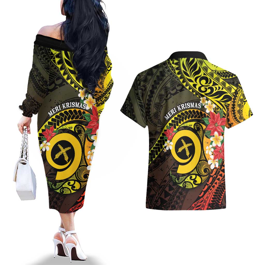 Vanuatu Christmas Couples Matching Off The Shoulder Long Sleeve Dress and Hawaiian Shirt Vanuatuan Pig Tusk - Meri Krismas! LT14 - Polynesian Pride