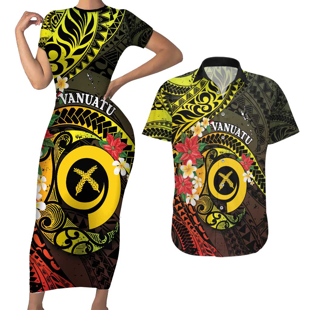 Vanuatu Christmas Couples Matching Short Sleeve Bodycon Dress and Hawaiian Shirt Vanuatuan Pig Tusk - Meri Krismas! LT14 Black - Polynesian Pride