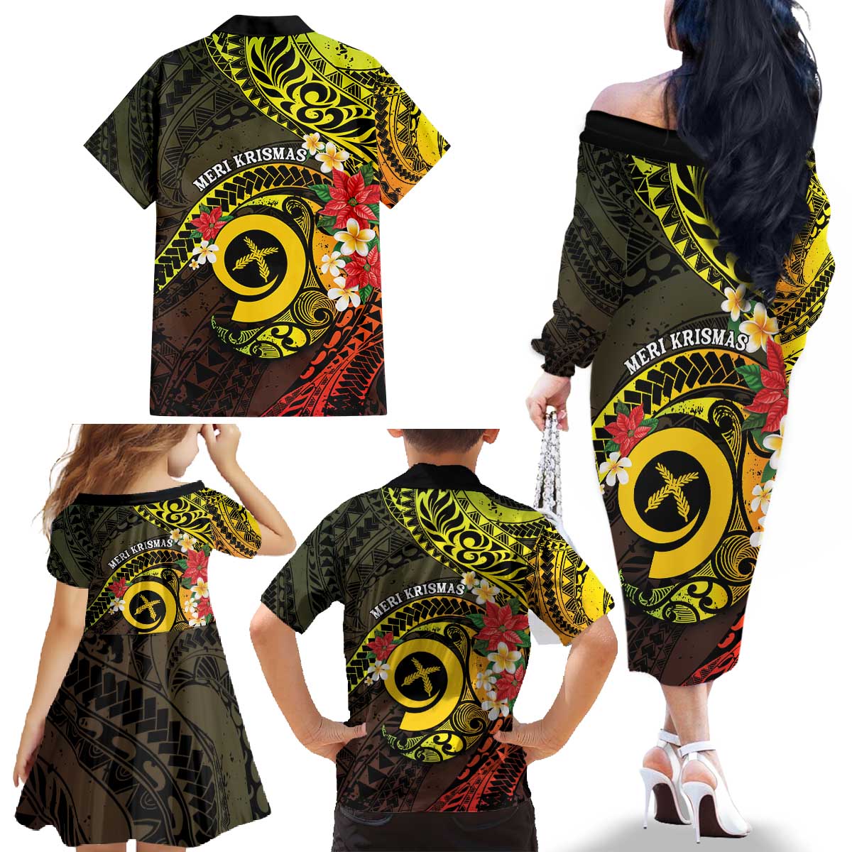 Vanuatu Christmas Family Matching Off The Shoulder Long Sleeve Dress and Hawaiian Shirt Vanuatuan Pig Tusk - Meri Krismas! LT14 - Polynesian Pride