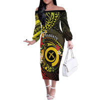 Vanuatu Christmas Family Matching Off The Shoulder Long Sleeve Dress and Hawaiian Shirt Vanuatuan Pig Tusk - Meri Krismas! LT14 Mom's Dress Black - Polynesian Pride