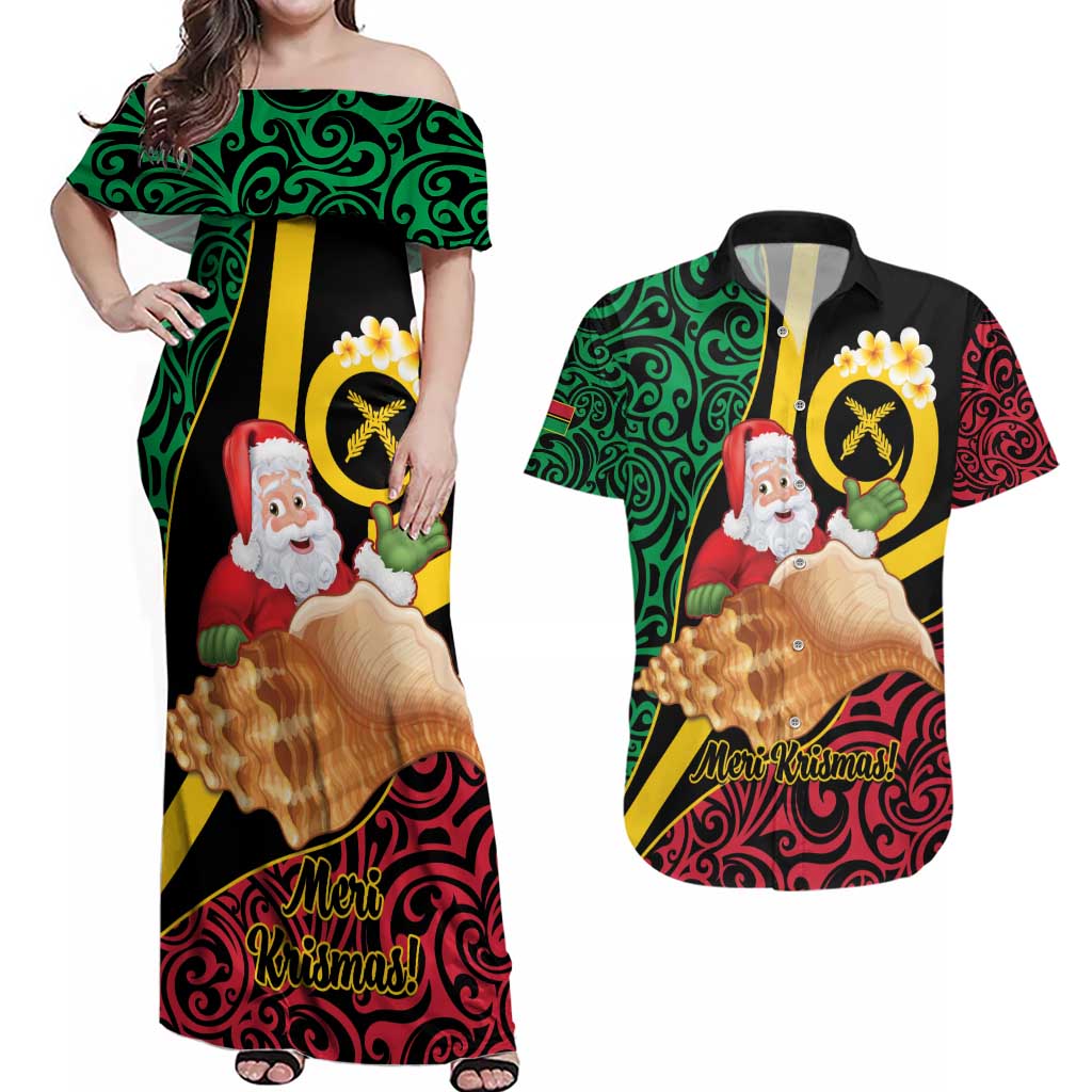 Vanuatu Christmas Couples Matching Off Shoulder Maxi Dress and Hawaiian Shirt Vanuatuan Conch Shell - Meri Krismas!